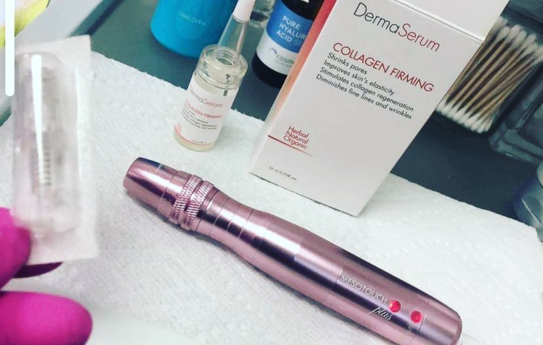 Microneedling pen and skincare products prepared for a skin renewal treatment at Namaste Skincare & Wellness in Las Vegas.
