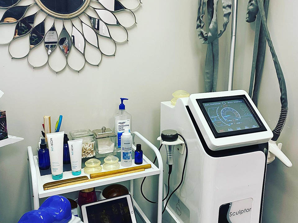 Body contouring and RF treatment equipment inside Namaste Skincare & Wellness studio in Las Vegas.