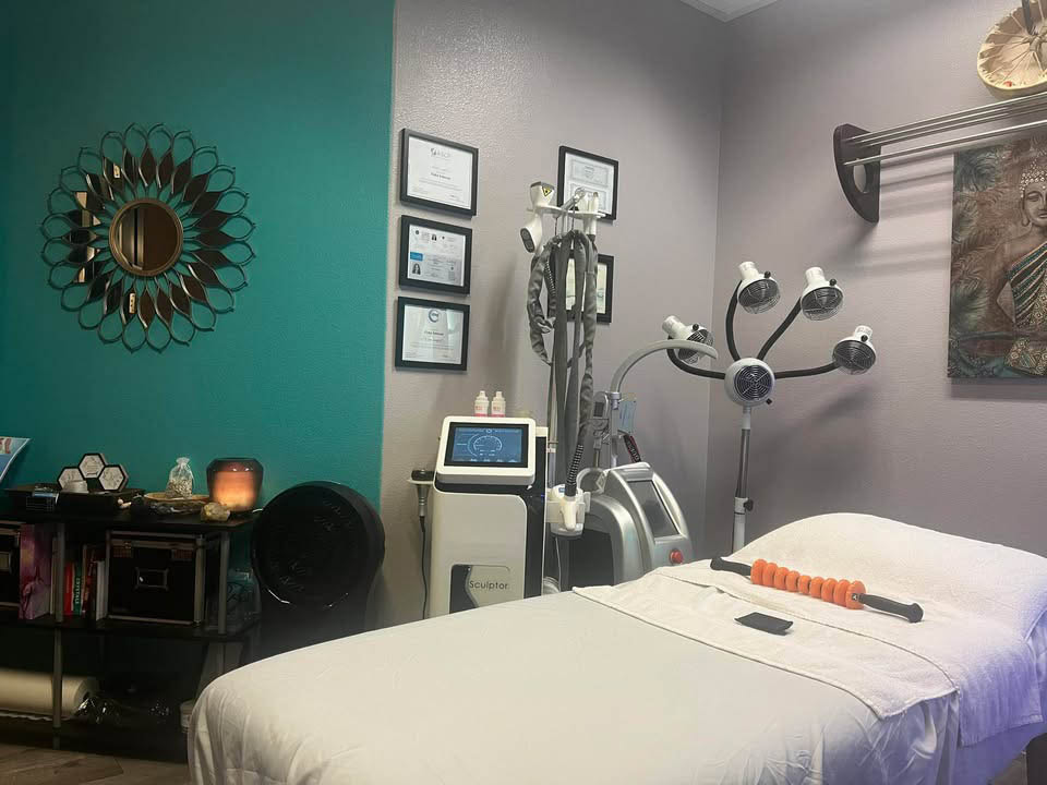 Treatment room at Namaste Skincare & Wellness in Las Vegas, prepared for non-surgical body sculpting and contouring sessions.